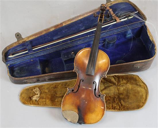 A decorative violin, bearing Gaspar da Salo label, body 14.5in., overall 23.5in., cased with a bow